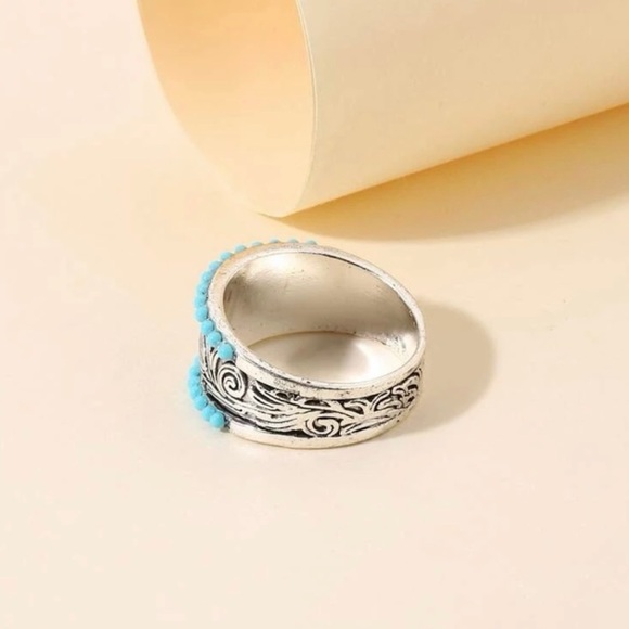 Silver Engraved Faux Turquoise Bohemian Ring - Picture 3 of 3